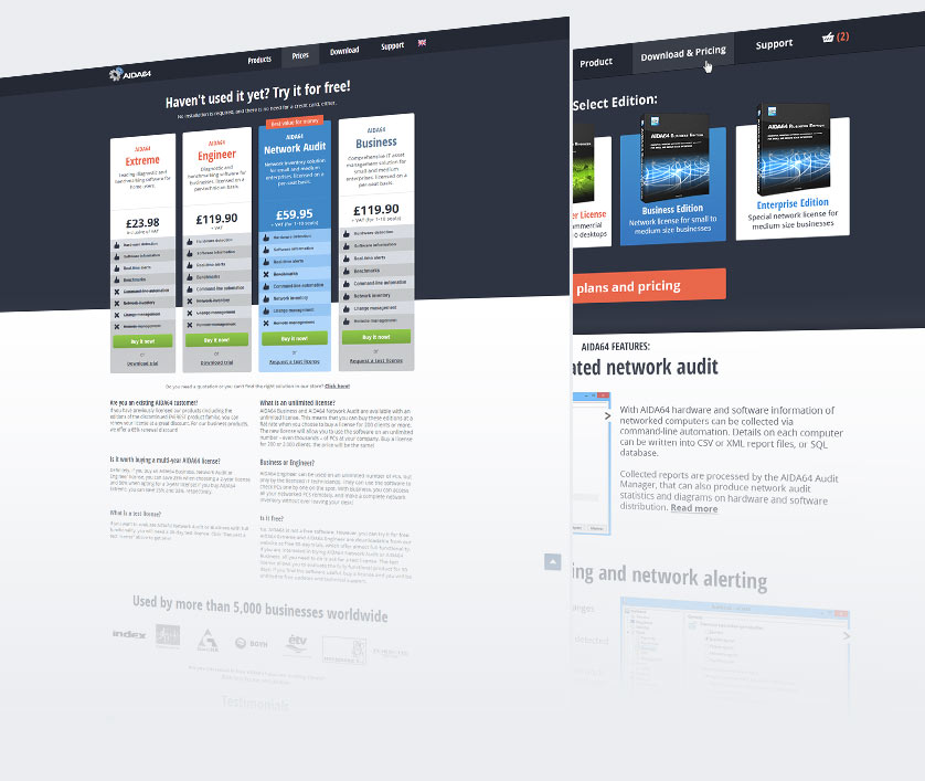 AIDA64 Landing Page Design Screens